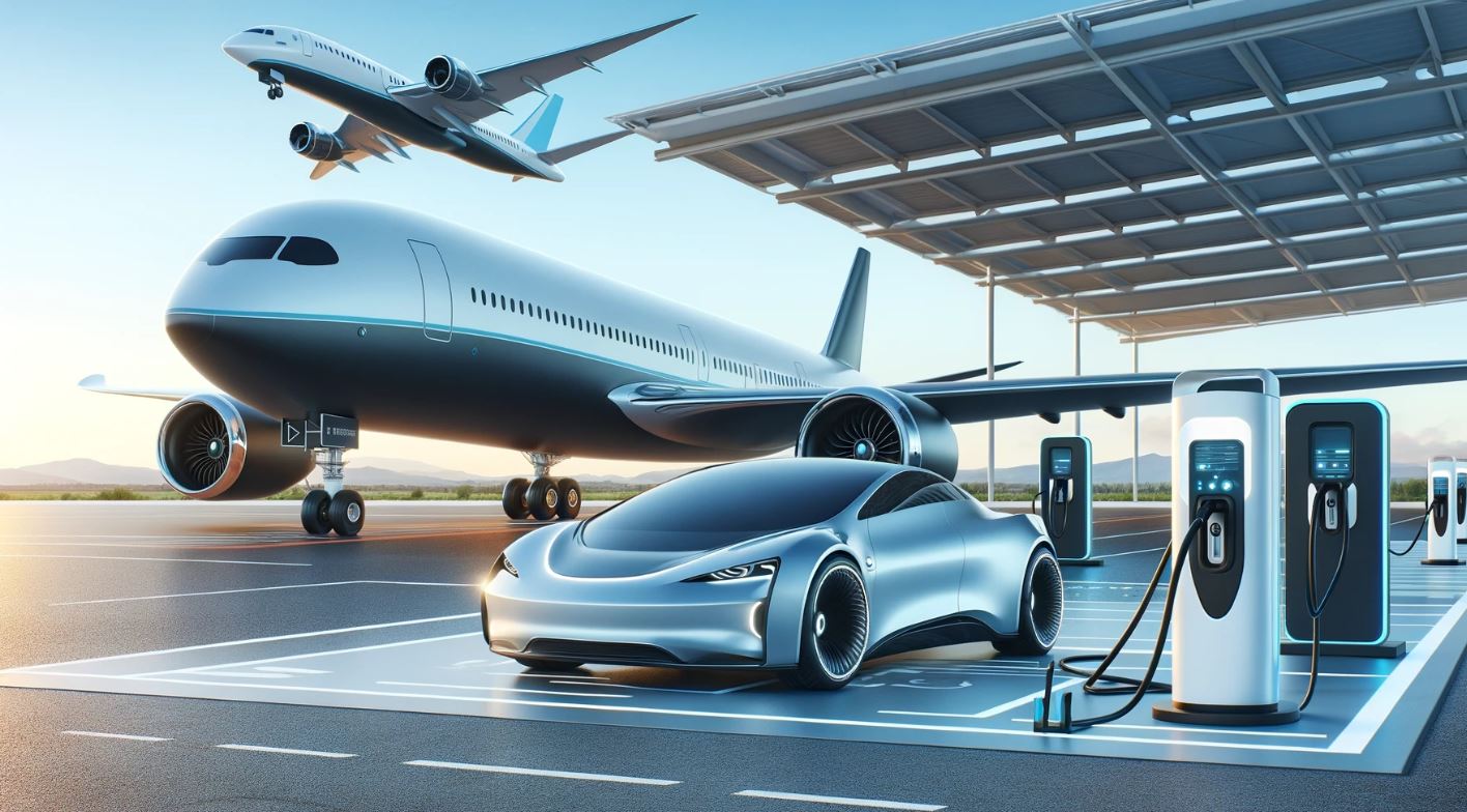 avions et voiture électrique en train d'être rechargée avions et voiture électrique en train d'être rechargée